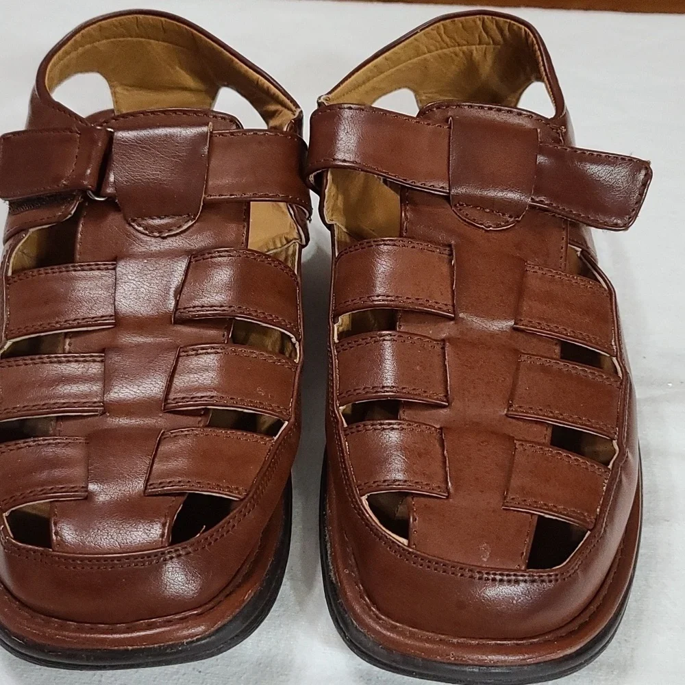 Faranzi Mens‎ Faux Leather Fisherman Sandals Brown Hook&Loop Sz 11 EUC